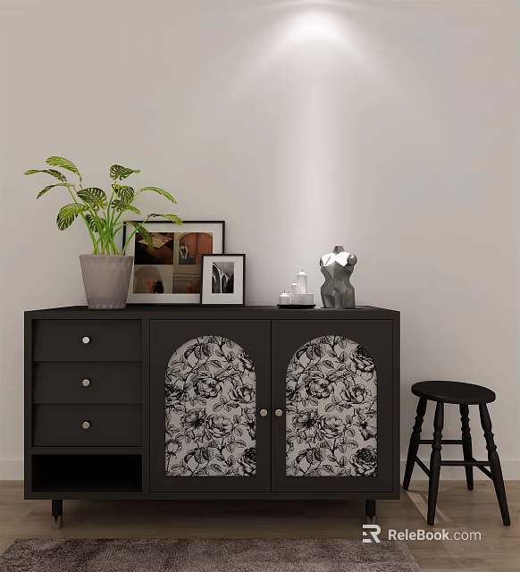 Black Entryway Side Cabinet With Drawers Floral Doors Green Plant Photo Frames And Stool 3d model 