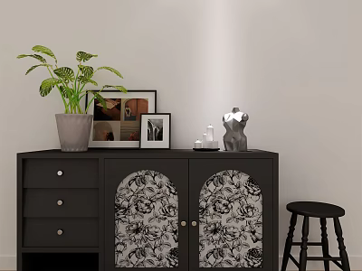 Black Entryway Side Cabinet With Drawers Floral Doors Green Plant Photo Frames And Stool 3d model