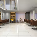 Modern Hair Salon Interior With Two Brown Chairs Wooden Cabinets Shelves And Striped Blinds