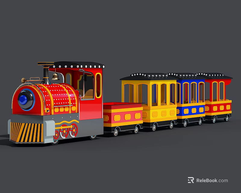 Colorful Amusement Train Rides with Red Yellow Blue Carriages for Kids Playground 3d model