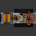 Cartoon Style Coffee Truck with Octopus Chef Hat Cup Headphone and Pasta on Blue Wheels