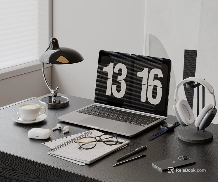 Modern Desk Setup With Laptop Digital Clock Display Headphones Coffee Cup And Notebook 3d model
