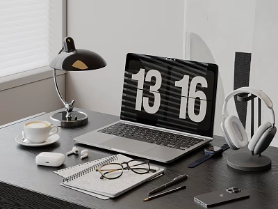 Modern Desk Setup With Laptop Digital Clock Display Headphones Coffee Cup And Notebook 3d model