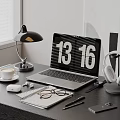 Modern Desk Setup With Laptop Digital Clock Display Headphones Coffee Cup And Notebook 3d model
