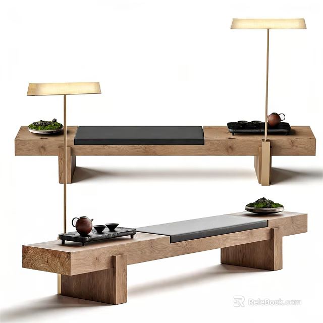 Wooden Landscape Seats With Black Cushion Tea Set And Green Plants Design 3d model 