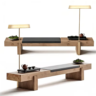 Wooden Landscape Seats With Black Cushion Tea Set And Green Plants Design 3d model