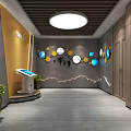 Art Exhibition Hall Interior With Red Display Case Stone Sculpture And Yellow Framed Paintings