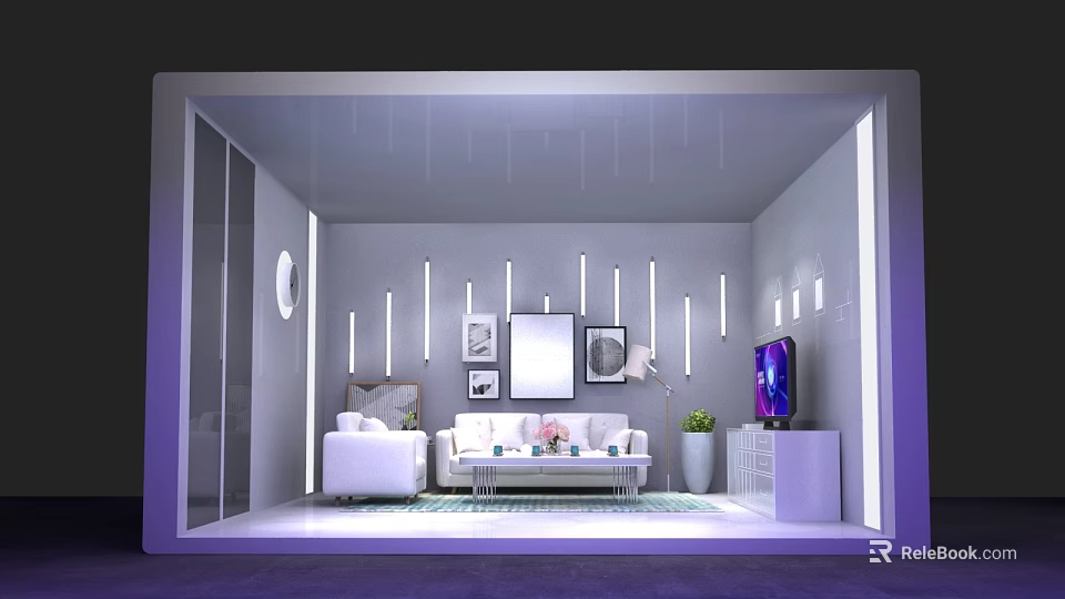 Modern Living Room With White Sofas Coffee Table TV And Purple Lighting Decorative Paintings 3d model 