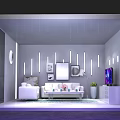 Modern Living Room With White Sofas Coffee Table TV And Purple Lighting Decorative Paintings