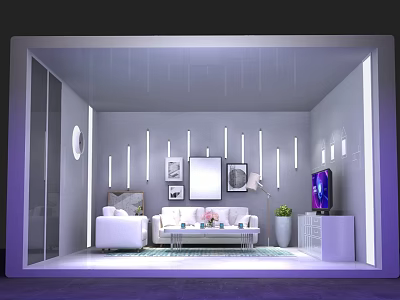 Modern Living Room With White Sofas Coffee Table TV And Purple Lighting Decorative Paintings 3d model