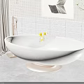 Oval Freestanding Stone Bathtub With Gray Tile Wall Decorative Bottles and Plants