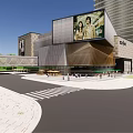 Modern Commercial Street With High Rise Buildings Shopping Mall Pedestrians And Vehicles