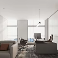 Contemporary Office Space With Comfortable Seating Bookshelves And Large Windows
