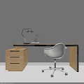 Modern Office Desk with White Chair Wooden Drawer Cabinet Table Lamp and Small Plant