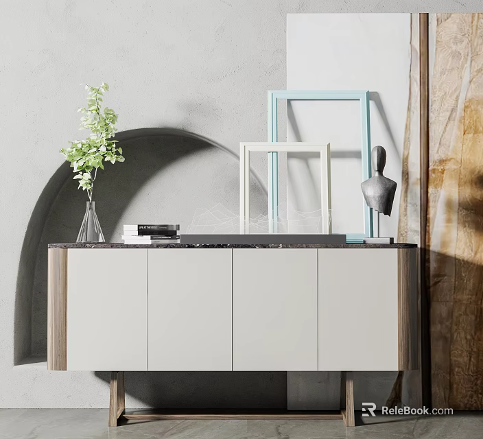 Modern Light Colored Sideboard With Marble Top Decorative Vase Photo Frames And Sculpture 3d model 