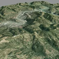 Aerial View Of Mountainous Landscape With Winding River And Village Valley
