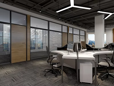 Modern Public Office Space with Open Layout Desks Ergonomic Chairs Windows Blinds and Ceiling Lights 3d model