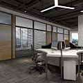 Modern Public Office Space with Open Layout Desks Ergonomic Chairs Windows Blinds and Ceiling Lights