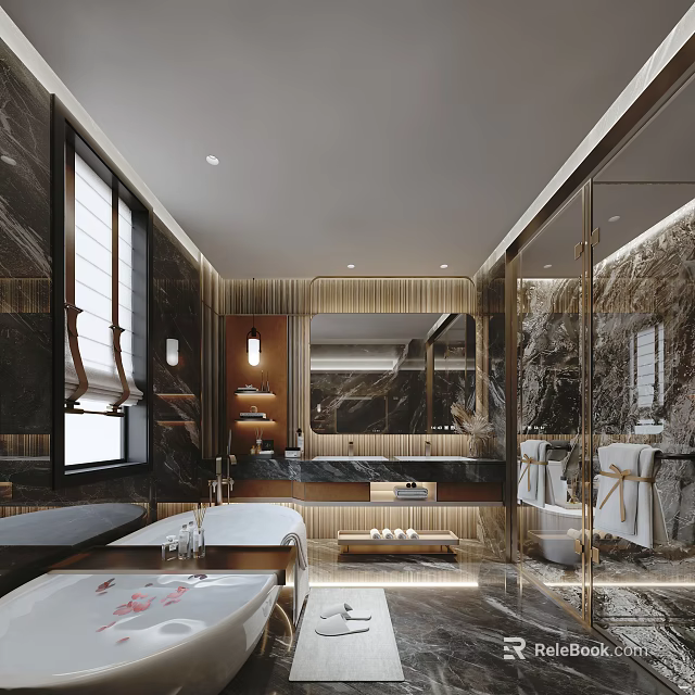 Luxurious Modern Bathroom Interior With Marble Walls Bathtub Gold Fixtures And Large Mirror 3d model 
