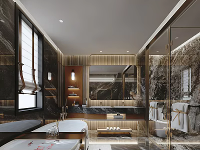 Luxurious Modern Bathroom Interior With Marble Walls Bathtub Gold Fixtures And Large Mirror 3d model