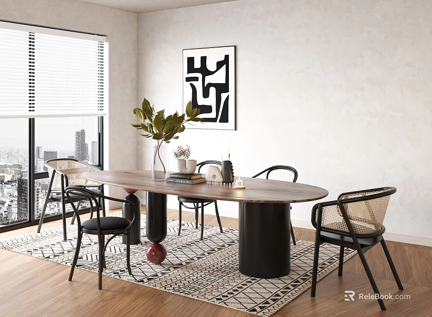 Modern Dining Table Set with Round Table Chairs Vase Plants Window View and Wall Art 3d model 