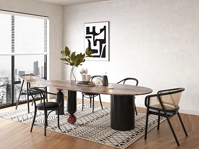 Modern Dining Table Set with Round Table Chairs Vase Plants Window View and Wall Art 3d model