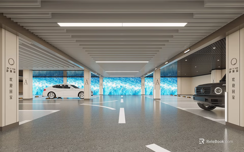 Modern Spacious Underground Parking Lot With Bright Ceiling Lights And Cars Parked On Marked Spaces 3d model 