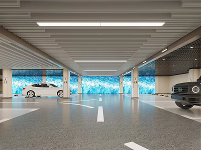 Modern Spacious Underground Parking Lot With Bright Ceiling Lights And Cars Parked On Marked Spaces 3d model