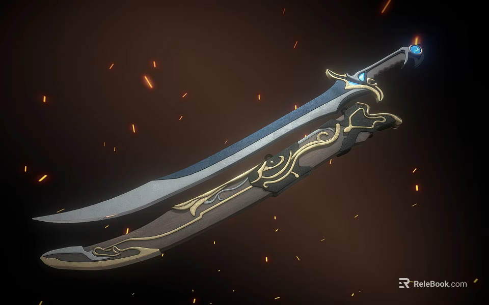 Ornate Mythical Sword With Glowing Blue Hilt Flaming Sparks And Detailed Ancient Design 3d model 