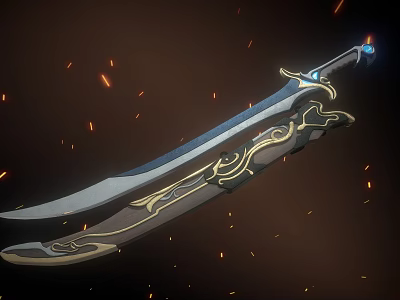 Ornate Mythical Sword With Glowing Blue Hilt Flaming Sparks And Detailed Ancient Design 3d model
