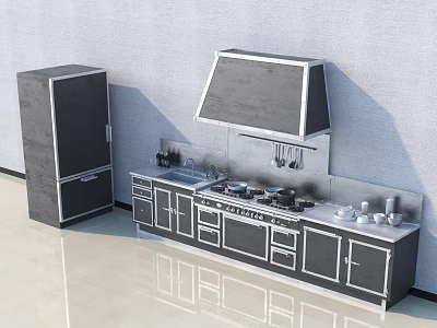 Modern Kitchen Interior Design With Cabinets Refrigerator Range Hood Cooktop And Sink 3d model