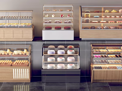 Bakery Display Shelves with Glass Front Holding Cakes Pastries Breads and Desserts 3d model