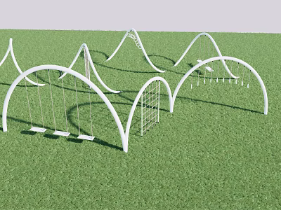 White Arched Playground Equipment with Swings and Climbing Frames on Green Grass 3d model