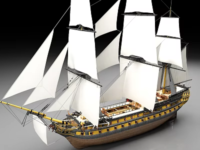 Classic Wooden Ship With White Sails Tall Masts And Detailed Deck 3d model