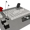 Modern White Plush Sofa And Marble Coffee Table Set With Floor Lamps And Decorative Stools