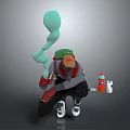Squatting Character Wearing Green Hat Red Mask with Floating Green Biomorphic Creature and Drink Bottles