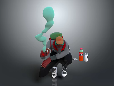Squatting Character Wearing Green Hat Red Mask with Floating Green Biomorphic Creature and Drink Bottles 3d model