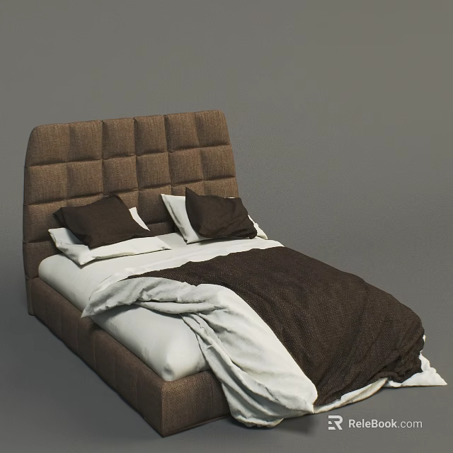Modern Double Bed With Brown Tufted Headboard Brown Pillows And Bedding 3d model