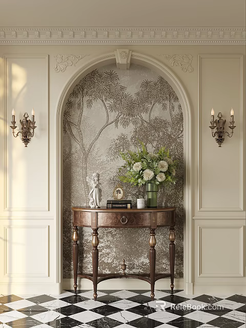 Entryway Cabinet Sideboard With Arched Tree Patterned Wallpaper Brass Candle Wall Sconces And Angel Figurine 3d model 