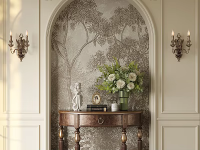 Entryway Cabinet Sideboard With Arched Tree Patterned Wallpaper Brass Candle Wall Sconces And Angel Figurine 3d model