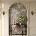 Entryway Cabinet Sideboard With Arched Tree Patterned Wallpaper Brass Candle Wall Sconces And Angel Figurine