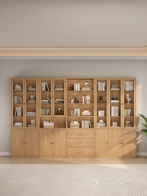 Wooden Bookcase Modern Design With Multiple Shelves Drawers Cabinets Books And Decorative Items 3d model 