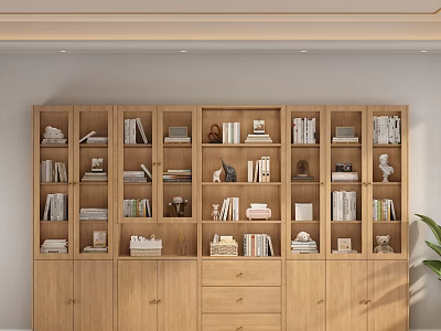 Wooden Bookcase Modern Design With Multiple Shelves Drawers Cabinets Books And Decorative Items 3d model