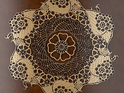 Intricate Wooden Carved Decorative Plate With Central Flower Pattern And Surrounding Floral Designs 3d model