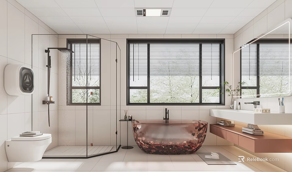 Modern Bathroom Interior With Freestanding Bathtub Glass Shower Blinds Windows And Tiled Walls 3d model 