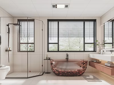 Modern Bathroom Interior With Freestanding Bathtub Glass Shower Blinds Windows And Tiled Walls 3d model