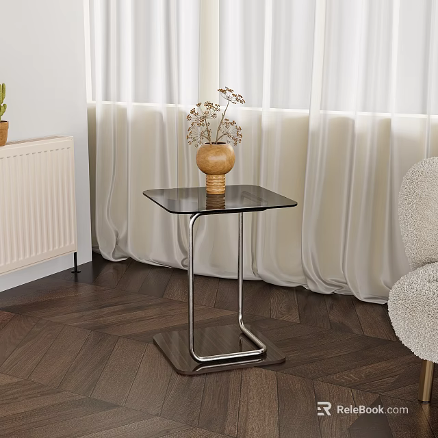 Modern Glass Top Side Table with Metal Frame in Living Room Wooden Floor 3d model 
