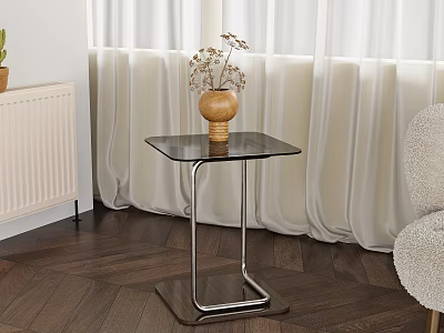 Modern Glass Top Side Table with Metal Frame in Living Room Wooden Floor 3d model
