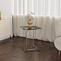 Modern Glass Top Side Table with Metal Frame in Living Room Wooden Floor