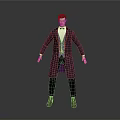 Man In Purple Long Coat With Vest Bow Tie Black Pants Brown Shoes Gray Background